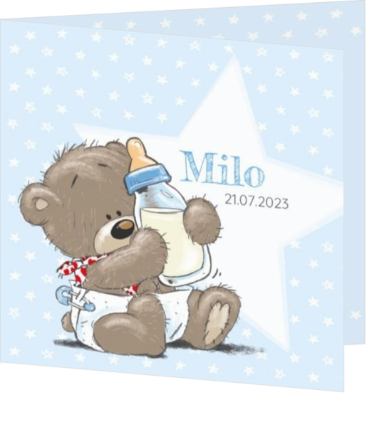 Maan / Sterren geboortekaartjes ontwerpen - geboortekaartje Schattige jongensbeer met fles 117013