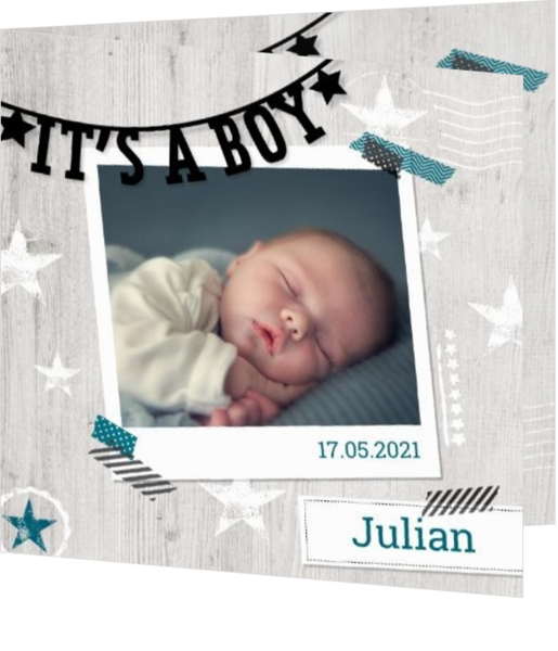 Geboortekaartjes voor een jongen - geboortekaartje Polaroid met slinger 317020B