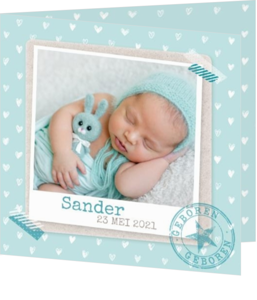 Geboortekaartjes met eigen foto - geboortekaartje Polaroid met hartjes patroon 317037B