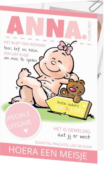 Grappige humor en cartoon ontwerpen - geboortekaartje Baby Magazine Girl 118002