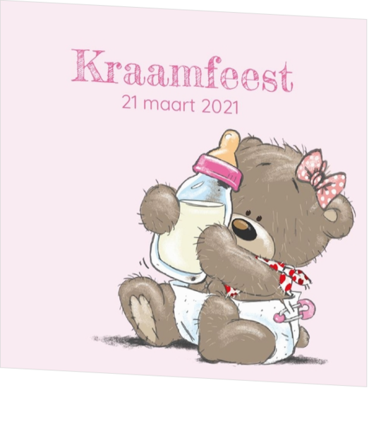 Babyborrel kaartjes & Kraamfeest uitnodigingen - geboortekaartje Schattige meisjesbeer met fles 11701510