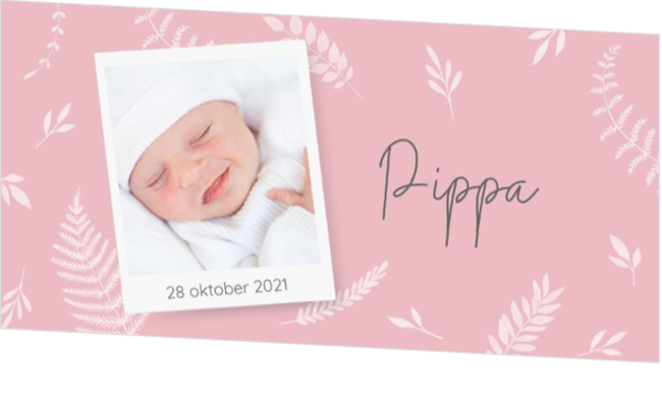 Geboortekaartje - Polaroid met roze blaadjes