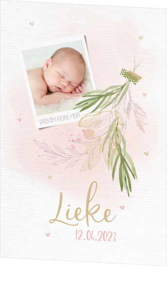 Geboortekaartje Lieke - Roze aquarel met eigen foto