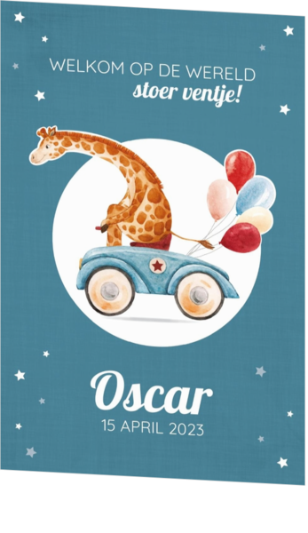 Geboortekaartje Oscar - Giraf op vintage autootje