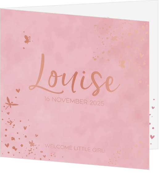 Geboortekaart met luxe rosegoudfolie en vlindertjes