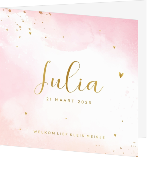 Trendy geboortekaartje roze met goudfolie hartjes en watercolor