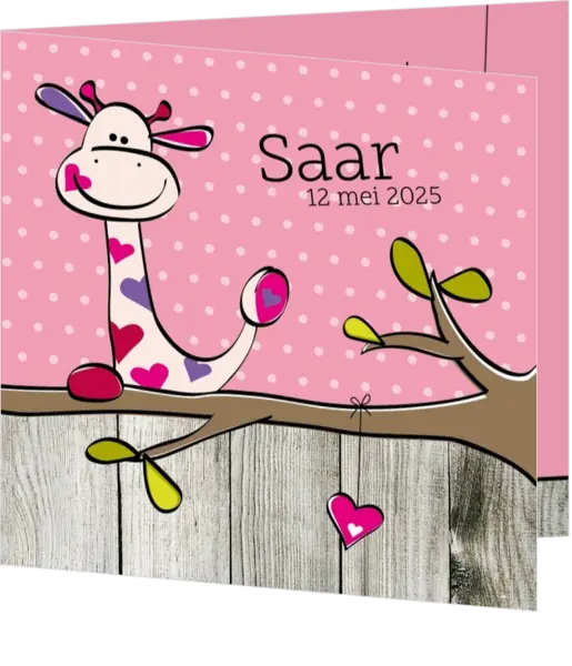 Geboortekaartje Saar - Girafje met hartjes op roze
