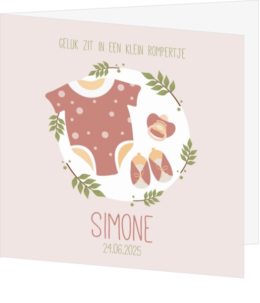  Geboortekaartje Simone - Rompertje, speen en schoentjes