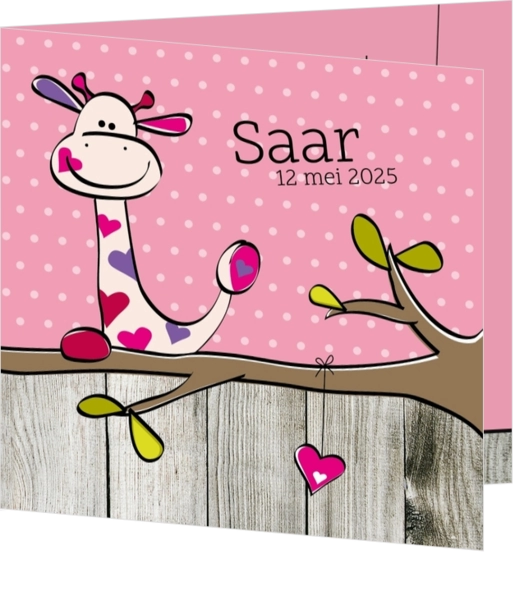 Geboortekaartje Saar - Girafje met hartjes op roze