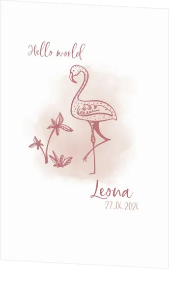 Geboortekaart Leona - Flamingo en vogel