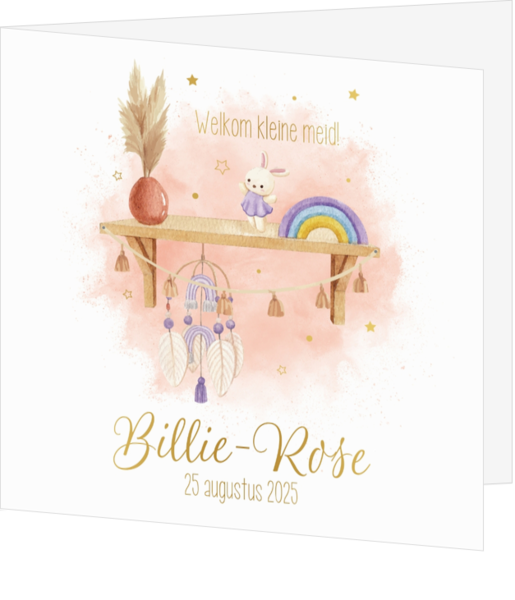 Geboortekaartje Billie-Rose - Regenboog en knuffeltje op plankje
