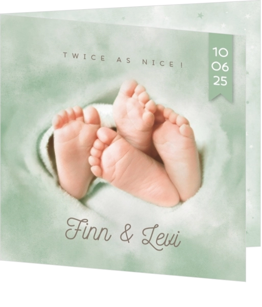 Geboortekaartje Finn en Levi - Tweeling voetjes groen