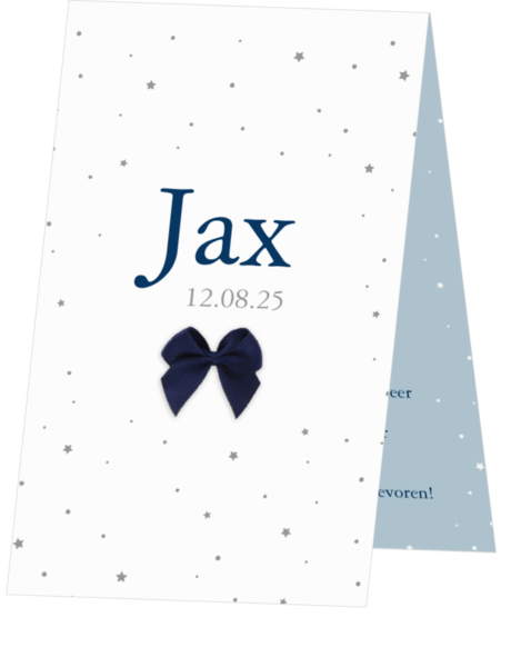 Geboortekaartje Jax - Zilveren sterren met donkerblauw lint
