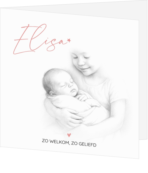 Geboortekaart Elisa - potloodtekening zusje
