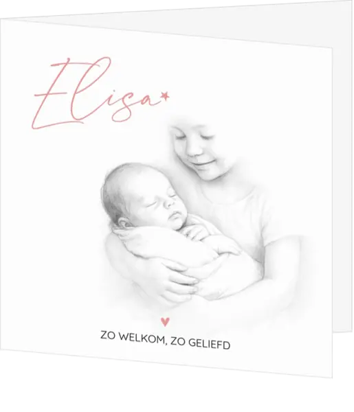 Geboortekaart Elisa - potloodtekening zusje
