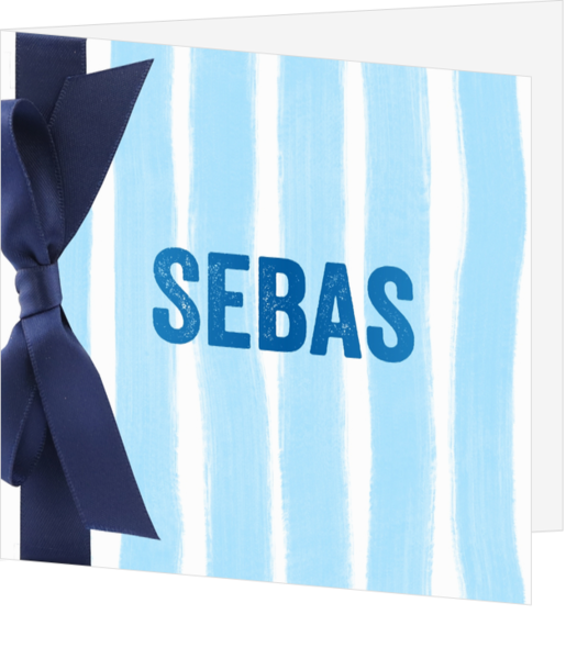 Geboortekaartje Sebas blauw met blauwe strik 12 bij 12 