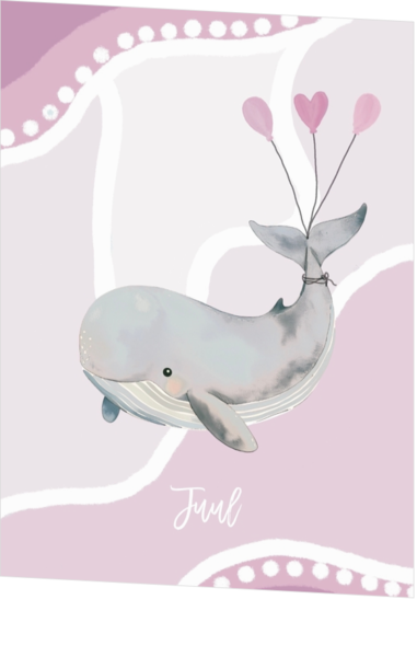 Geboortekaart walvis roze met ballonnetje aan staart 