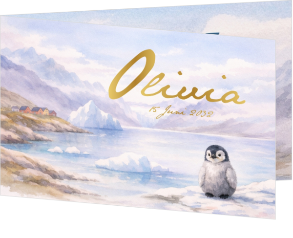 Geboortekaartje pinguïn | Berglandschap aquarel Olivia