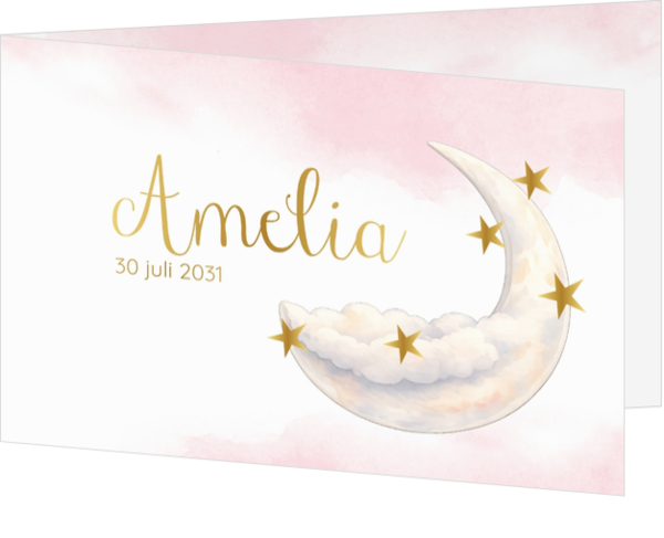 Geboortekaartje maan en sterren | Roze & goud Amelia