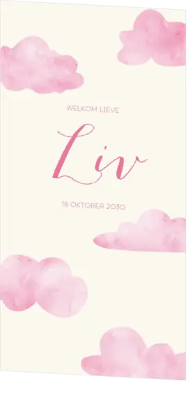 Geboortekaart langwerpig met wolkjes roze