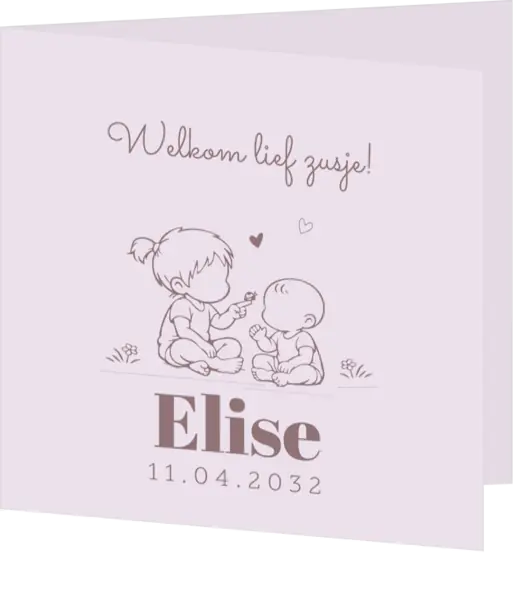 Lief geboortekaartje met lijntekening van zusje en broertje in lentethema