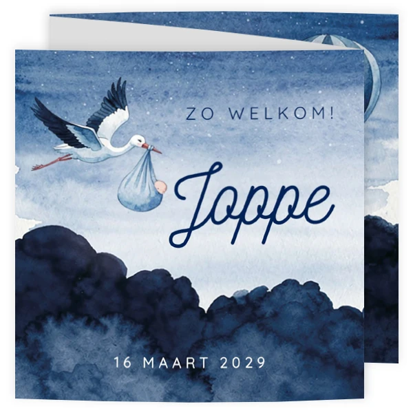 Voorzijde: Geboortekaartje Joppe - Ooievaar brengt baby naar de luchtballon