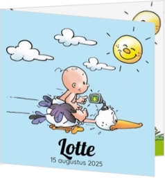 Grappige humor en cartoon ontwerpen - geboortekaartje Baby vliegt op ooievaar 114290BA