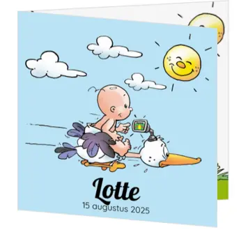 Lotte - Baby vliegt op ooievaar