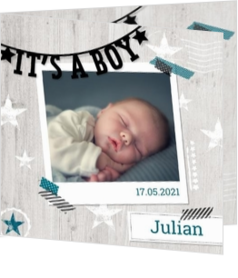 Geboortekaartjes voor een jongen - geboortekaartje Polaroid met slinger 317020B