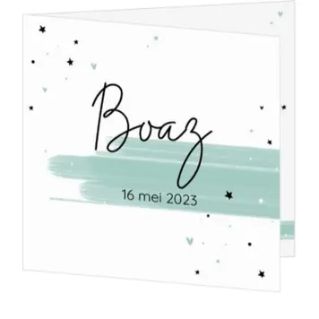 Geboortekaartje Boaz - Dwarrelende sterren, hartjes en verfstrepen