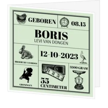 Geboortekaartje Boris - Retro met nostalgische afbeeldingen