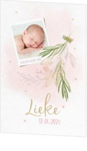 Geboortekaartje Lieke - Roze aquarel met eigen foto