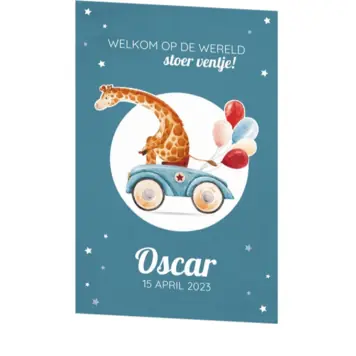 Geboortekaart Oscar - Giraf op vintage autootje