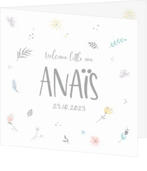 Geboortekaart Anaïs - Waterverf bloemen en vlinders