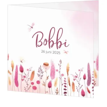 Geboortekaartje Bobbi - Bloemenveld met vlindertjes