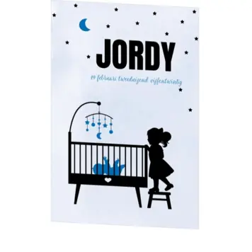 Poster 2 grote zus silhouet bij de wieg op blauwe achtergrond