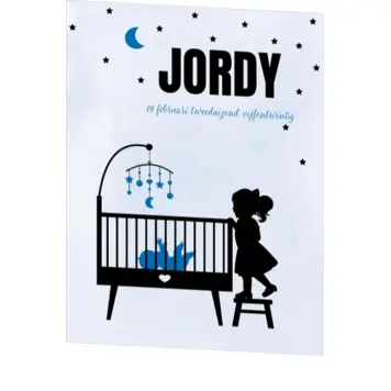 Poster 1 grote zus silhouet bij de wieg op blauwe achtergrond