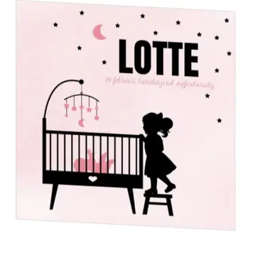 Poster 3 grote zus silhouet bij de wieg op roze achtergrond