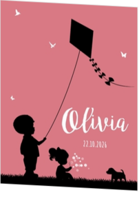 Poster 1 roze met zwart jongen en meisje silhouet