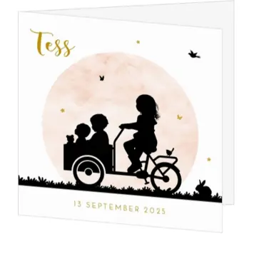 Hip geboortekaartje met silhouet zus en broer op een bakfiets