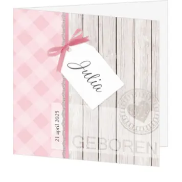 Stoer geboortekaartje met label en steigerhout