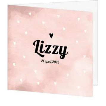 Stoer geboortekaartje roze met hartjes en watercolor