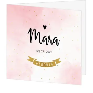 Trendy geboortekaartje met roze watercolor en goudfolie stippen