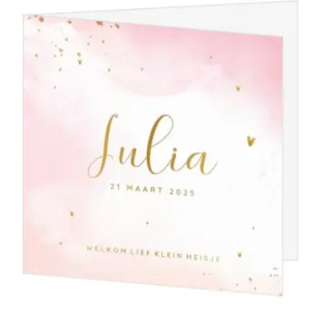 Trendy geboortekaartje roze met goudfolie hartjes en watercolor