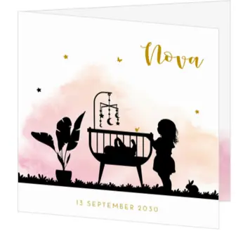 Lief roze geboortekaartje met silhouet van grote zus met wiegje