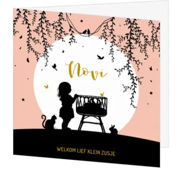 Hip geboortekaartje met silhouet van grote zus en wiegje