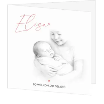 Geboortekaart Elisa - potloodtekening zusje