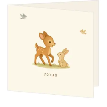 Geboortekaartje lief met beige tinten hertje en konijntje