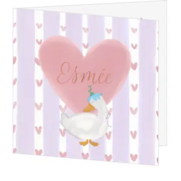 Lief geboortekaartje esmee met roze hartjes en een gans