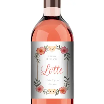 Schattig wijnetiket met bloemen en beertje